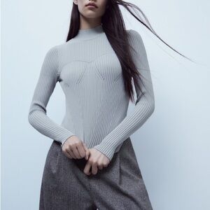 Zara Gray Ribbed Long Sleeve Top